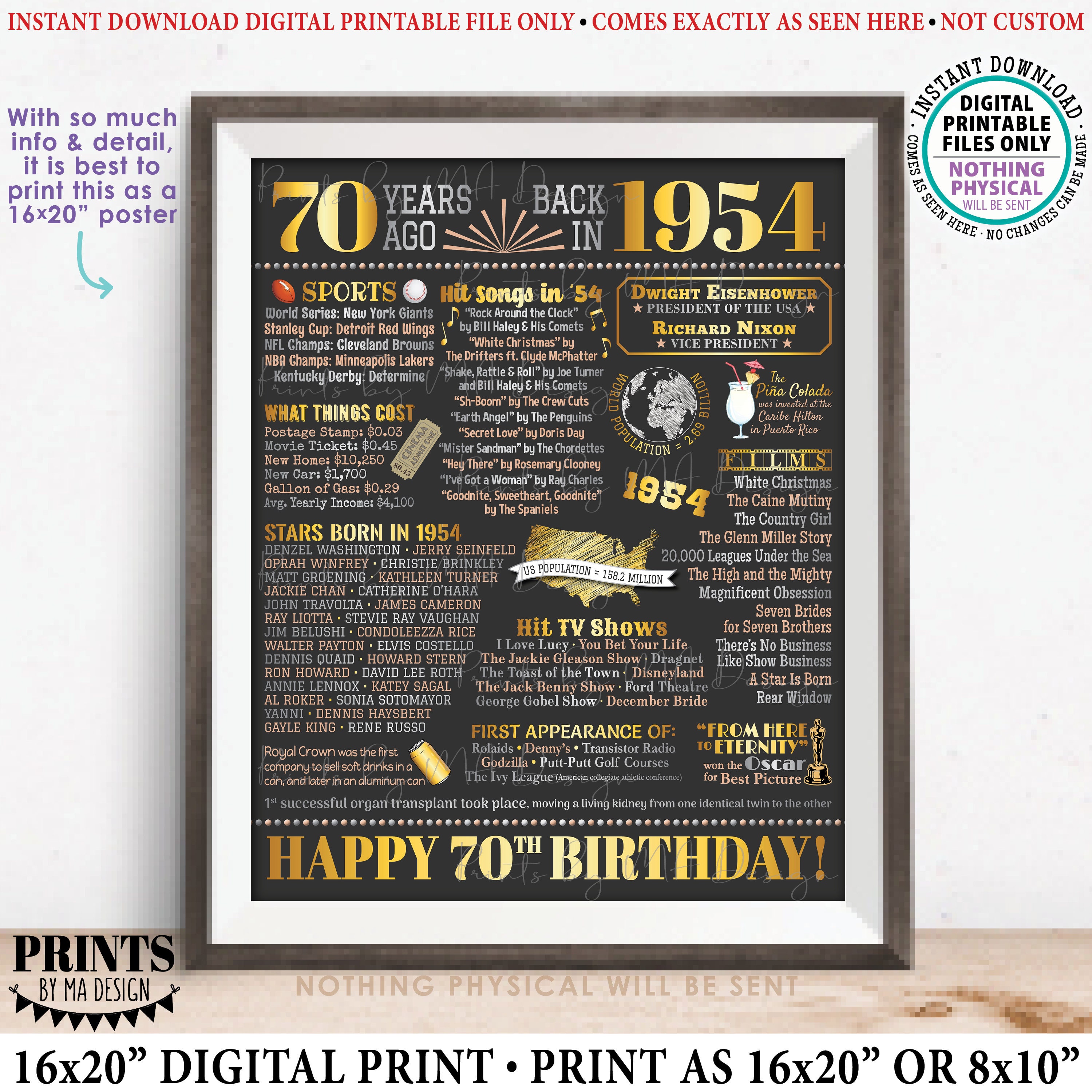 70th Birthday Poster Board, Born in the Year 1954 Flashback 70 Years ...