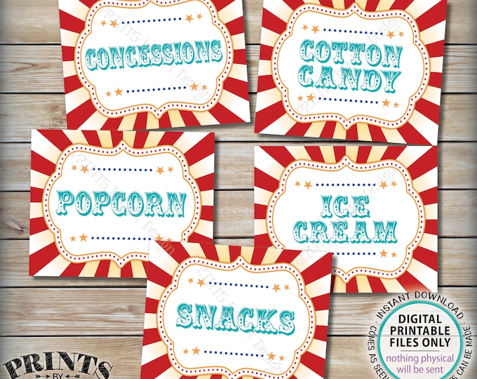 Carnival Food Signs, Food Carnival Theme Party, Circus Theme Snacks Cotton Candy Ice Cream, Teal/Turquoise, PRINTABLE 8x10/16x20” Signs <ID>