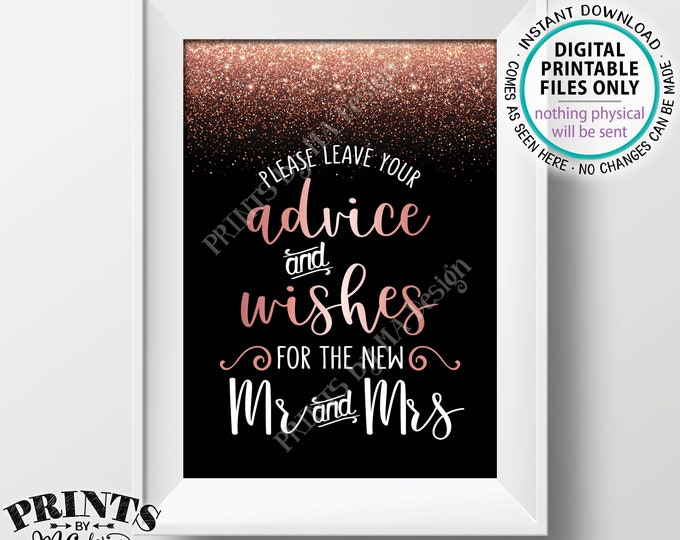 Advice and Well Wishes, Leave your Advice and Well Wishes for the New Mr & Mrs Wedding Sign, PRINTABLE Black and Rose Gold Glitter 5x7" Sign