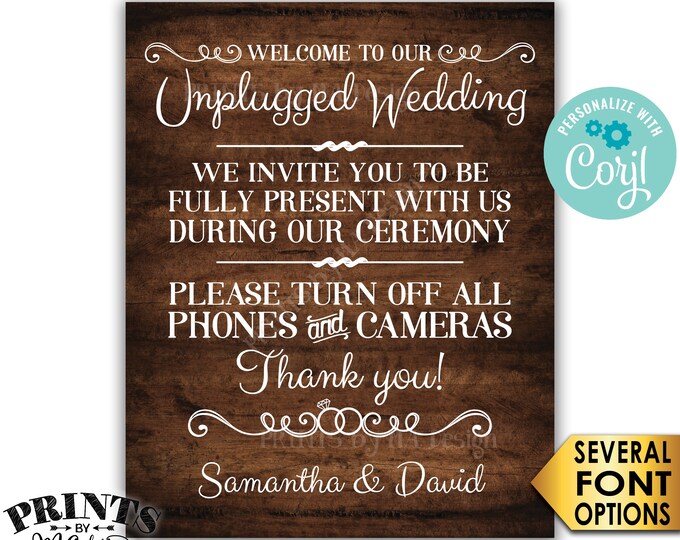 Unplugged Wedding Sign, Please Turn Off Phones & Cameras During the Ceremony, PRINTABLE Rustic Wood Style Sign <Edit Yourself with Corjl>