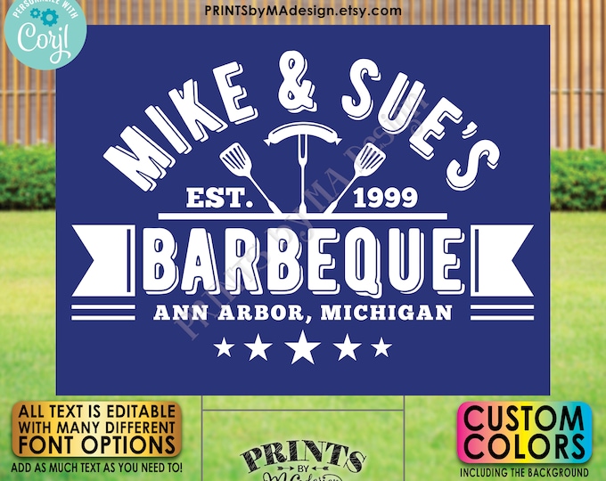 Editable BBQ Sign, Backyard Barbecue, Barbie Grill Smokehouse, Custom Color Background, PRINTABLE 18x24” Sign <Edit Yourself w/Corjl>