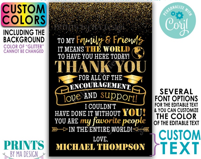 Editable Graduation Party Thank You Sign, Thanks from the Graduate, Custom 24x36" PRINTABLE Gold Glitter Decoration <Edit Yourself w/Corjl>