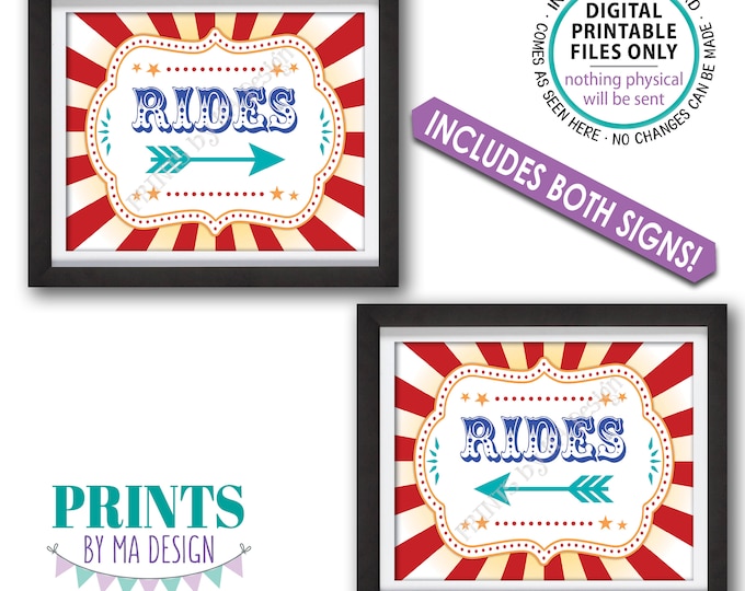 Carnival Rides Signs, Rides This Way, Arrow Pointing towards Rides, Carnival/Circus Theme Party, Two PRINTABLE 8x10/16x20” Signs <ID>