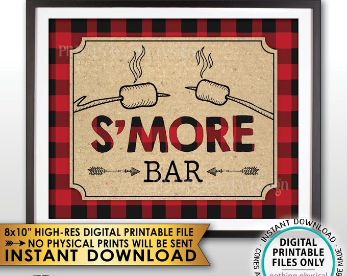 S'more Bar Sign, Lumberjack Smore Bar, S'mores Station, Campfire, Red Checker Buffalo Plaid, Instant Download PRINTABLE 8x10” Smore Sign