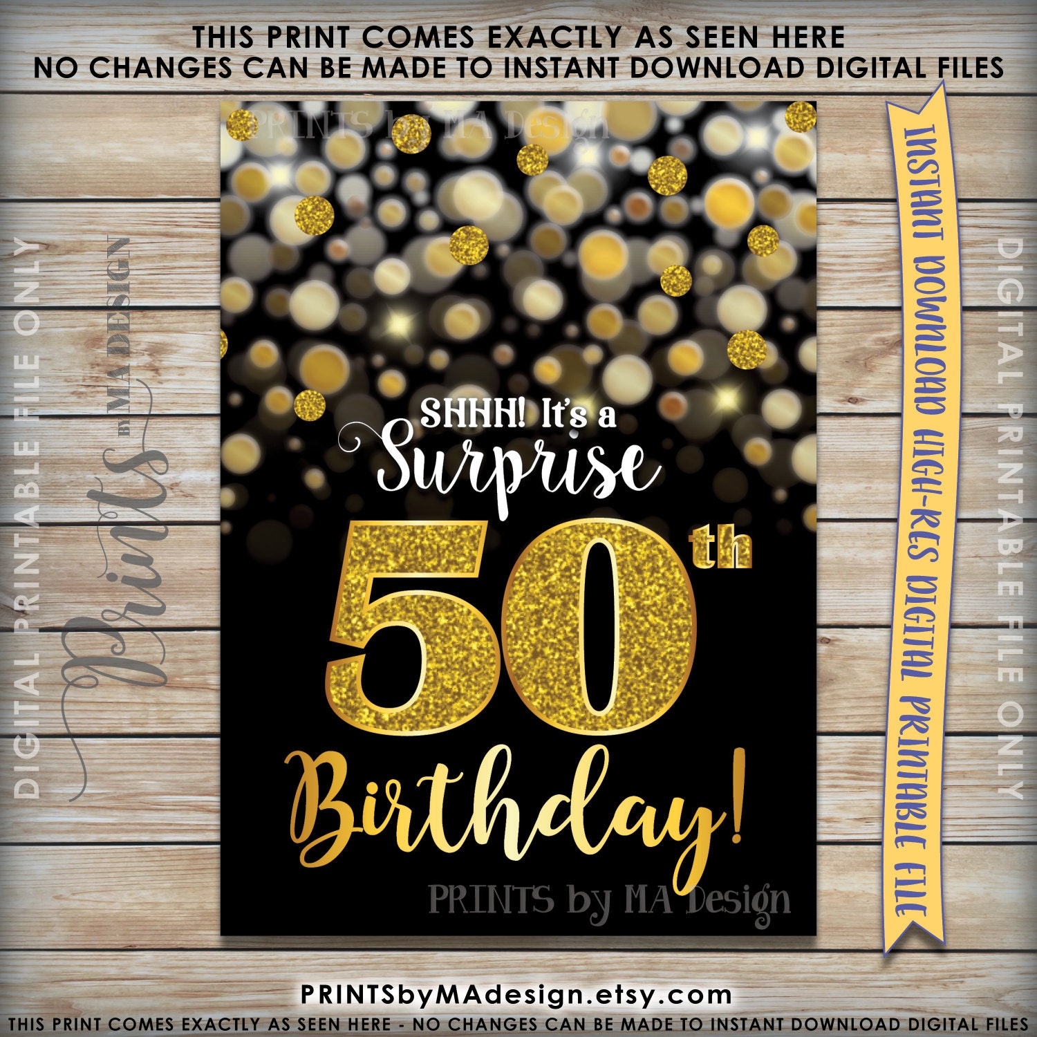 Surprise Birthday Invitation 50th Black And Gold Glitter Bokeh 50th B Day