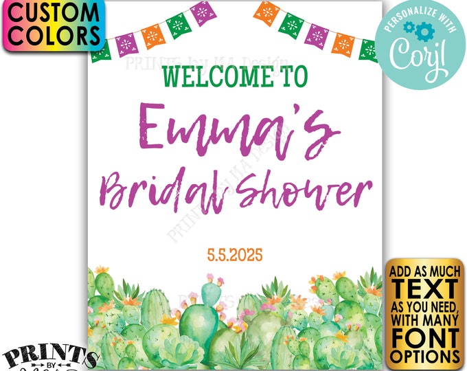 Cactus Bridal Shower Welcome Sign, Southwest Succulents, Mexican Flags, One Custom PRINTABLE 8x10/16x20” Sign <Edit Yourself with Corjl>