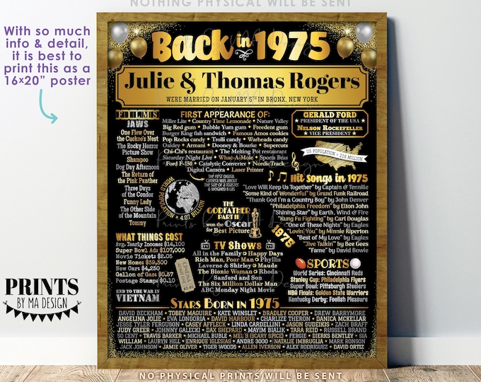 Back in the Year 1975 Anniversary Sign, Golden Anniversary Party Decoration, Gift, Custom PRINTABLE 16x20” Flashback to 1975 Poster Board