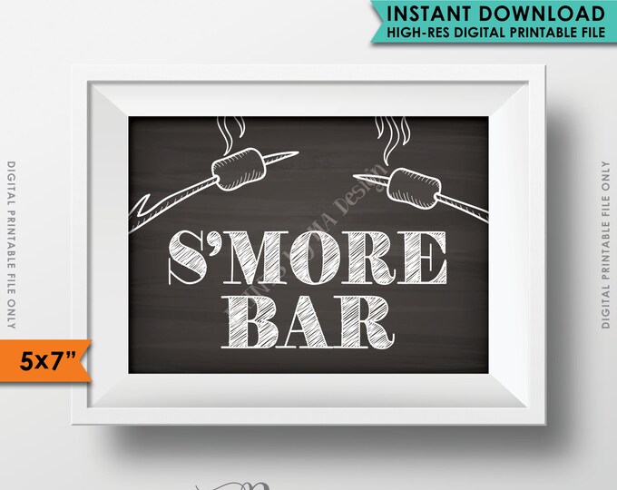 S'more Bar Sign, Party S'more, Roast S'mores, Wedding, Campfire, Party, Chalkboard Bar Sign, 5x7" Instant Download Digital Printable File