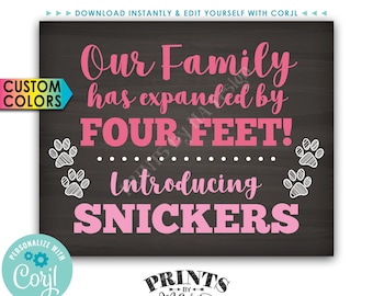 Introducing Our New Pet Sign, Our Family has Expanded by Four Feet, PRINTABLE Chalkboard Style Sign (colors) <Edit Yourself with Corjl>