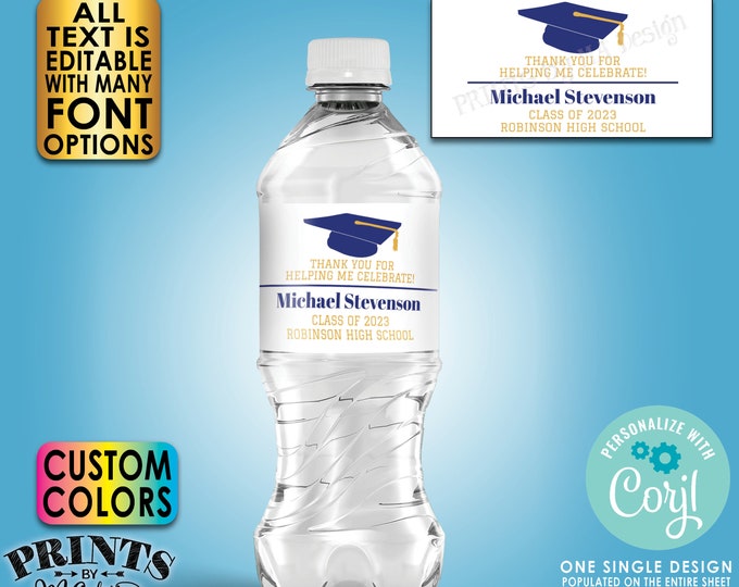 Graduation Water Bottle Labels, Custom Grad Party Decor, DIY PRINTABLE Water Bottle Labels on 8.5x11" Sheet <Edit Yourself w/Corjl>