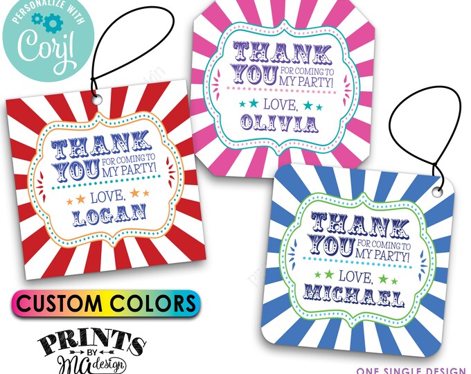 Carnival Birthday Thank You Tags, Carnival Themed Party, Circus, Custom 3" Cards, Digital PRINTABLE 8.5x11" File <Edit Yourself with Corjl>