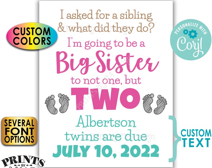 I'm Going to be a Big Sister to Twins Pregnancy Announcement, Custom PRINTABLE 8x10/16x20” Twins Reveal Sign <Edit Yourself with Corjl>