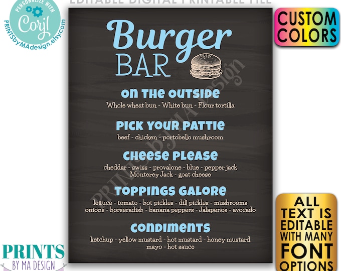 Editable Burger Sign, Custom Burger Bar Menu, Build Yourself a Burger, PRINTABLE 8x10/16x20” Chalkboard Style Sign <Edit Yourself w/Corjl>