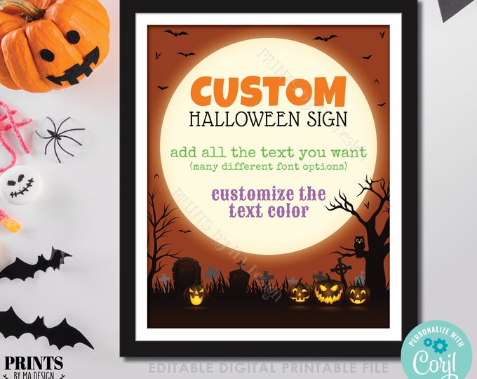 Custom Halloween Sign, Halloween Party, Spooky Moon Bats, One PRINTABLE 8x10/16x20” Portrait Sign, Choose Your Text <Edit Yourself w/Corjl>