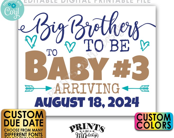 Baby #3 Pregnancy Announcement, Big Brothers to 3rd Baby, PRINTABLE 8x10/16x20” Baby Number 3 Sign, Third Child <Edit Yourself with Corjl>