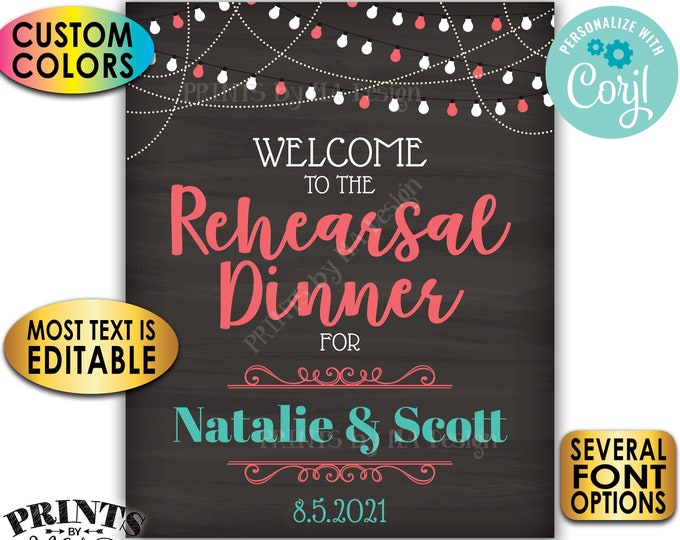 Rehearsal Dinner Sign, Lights at the Top, Custom PRINTABLE 16x20” Chalkboard Style Rehearsal Decoration <Edit Yourself with Corjl>