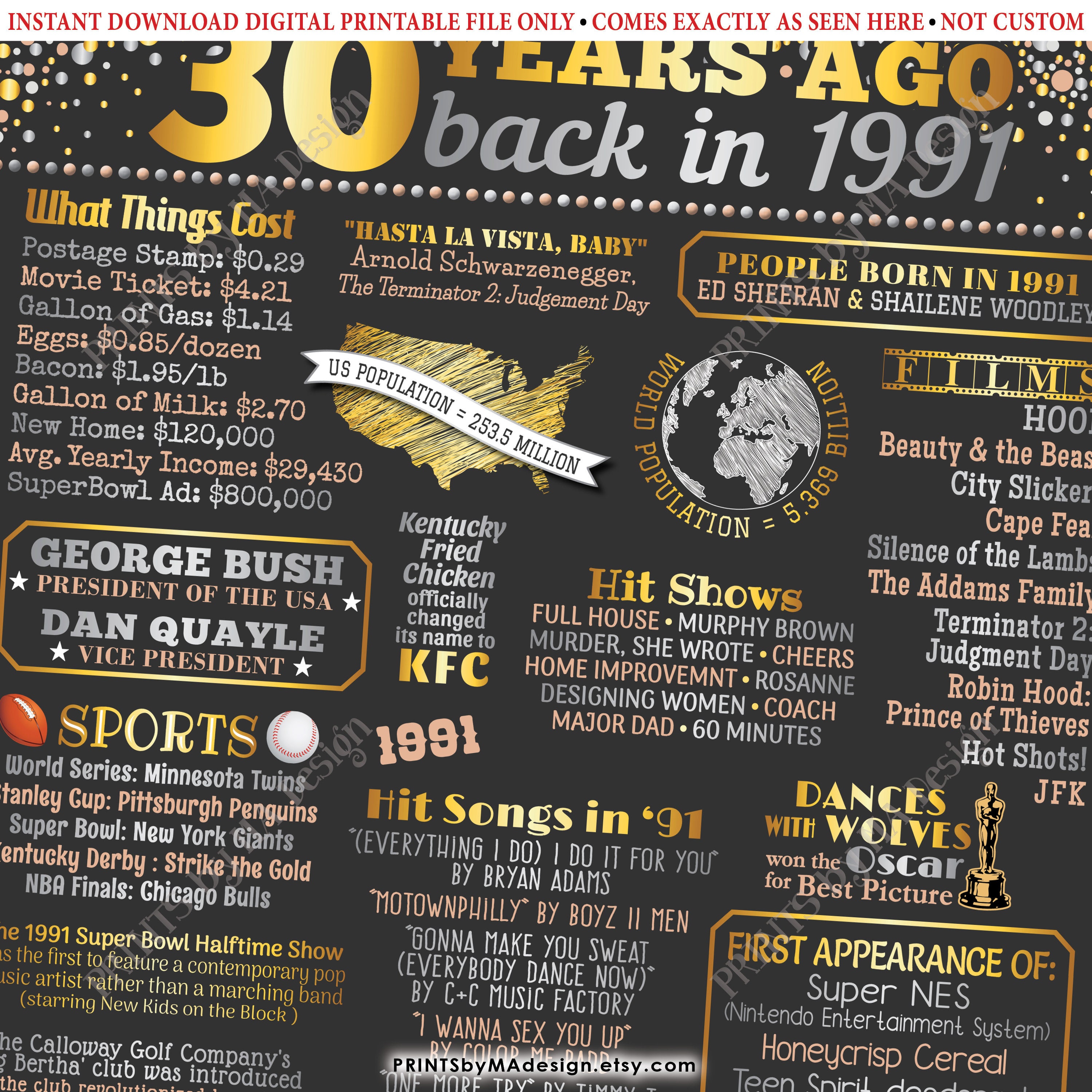 30th Birthday Poster Board, Back in the Year 1991 Flashback 30 Years ...