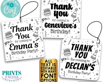 Birthday Thank You Tags, Editable Bday Party Favors, Custom Goodie Bags, PRINTABLE 8.5x11" Sheet of 2x2" B&W Cards <Edit Yourself w/Corjl>