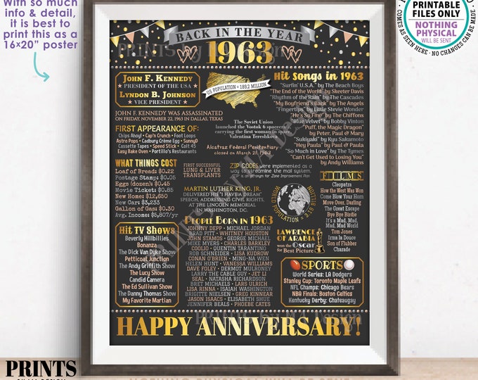 Back in the Year 1963 Anniversary Sign, Flashback to 1963 Anniversary Decor, Anniversary Gift, PRINTABLE 16x20” Poster Board <ID>