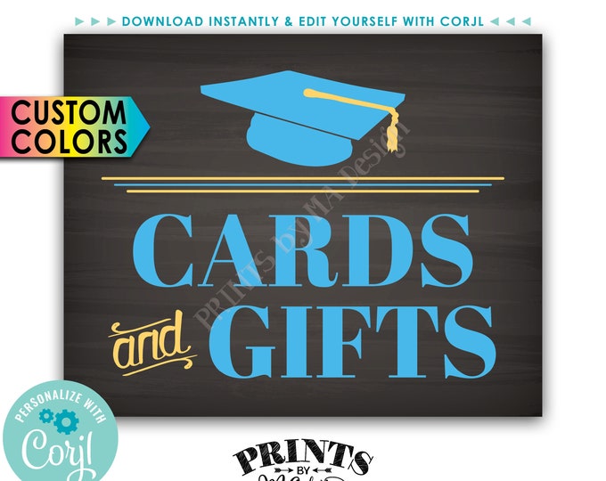 Grad Cards and Gifts Sign, Gift Table, Graduation Party Decoration, PRINTABLE 8x10” Chalkboard Style Sign <Edit Colors Yourself with Corjl>