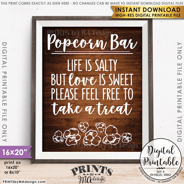 Popcorn Bar Sign, Life is Salty but Love is Sweet Popcorn Wedding Sign, Take a Treat, Wood Style 8x10/16x20" Instant Download Printable File