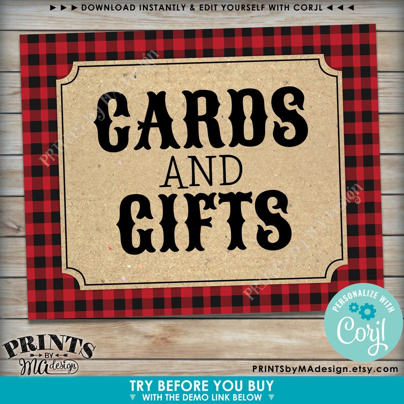 May include: A printable sign with a red and black buffalo plaid background. The sign has a tan border and says "Cards and Gifts" in black text.