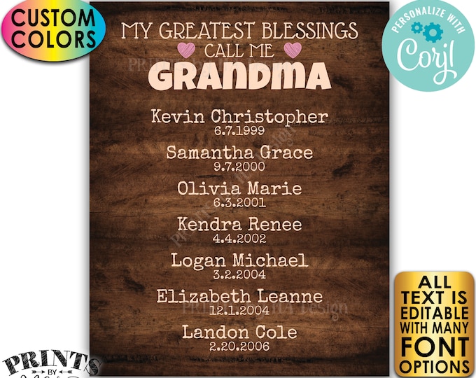 My Greatest Blessings Grandparent Gift, Grandma, Grandpa, Grandkids, PRINTABLE Rustic Wood Style Grandchildren Sign <Edit Yourself w/Corjl>