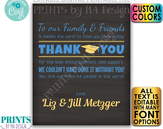 Graduation Thank You Sign, Thanks from the Graduates, PRINTABLE Chalkboard Style Graduation Party Decoration <Edit Yourself with Corjl>