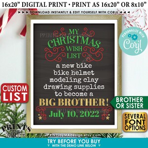 Anuncio de embarazo de la lista de deseos de Navidad, hermano mayor/hermana, lista personalizada, signo de bebé #2 IMPRIMIBLE personalizado <Editar usted mismo con Corjl>
