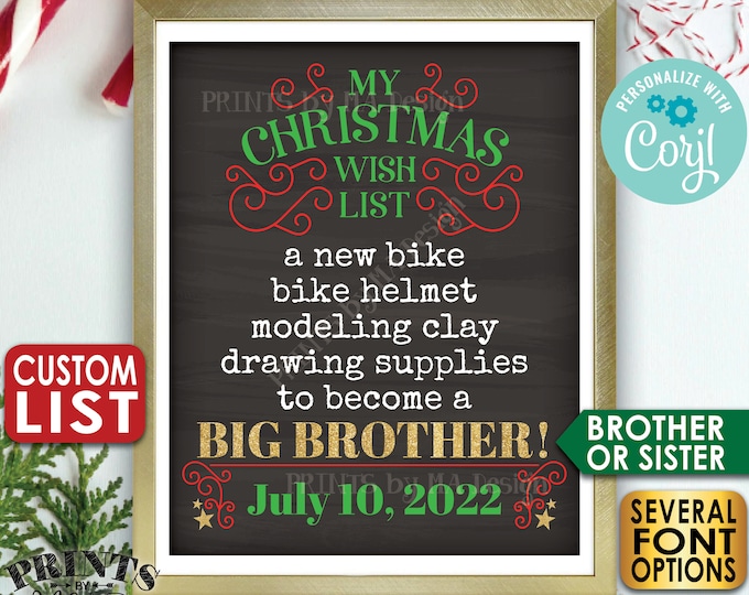 Christmas Wish List Pregnancy Announcement, Big Brother/Sister, Custom List, Custom PRINTABLE Baby #2 Sign <Edit Yourself with Corjl>