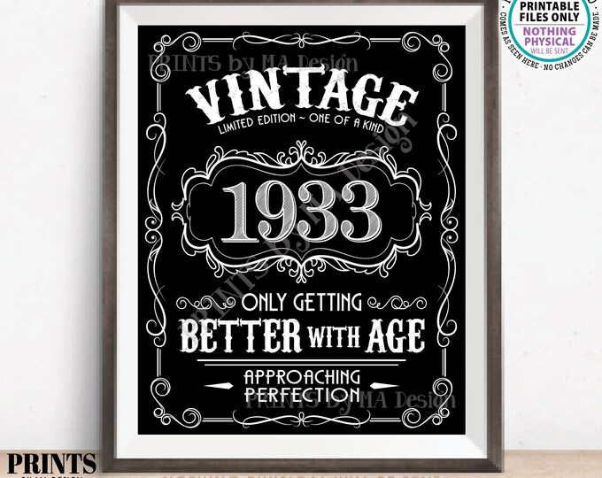 1933 Birthday Sign, Vintage Better with Age Poster, Whiskey Theme Decoration, PRINTABLE 8x10/16x20” Black & White Portrait 1933 Sign <ID>