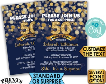 Navy Blue & Gold Birthday Party Invitation, Standard or Surprise Party, PRINTABLE 5x7" Birthday Invite <Edit Yourself with Corjl>