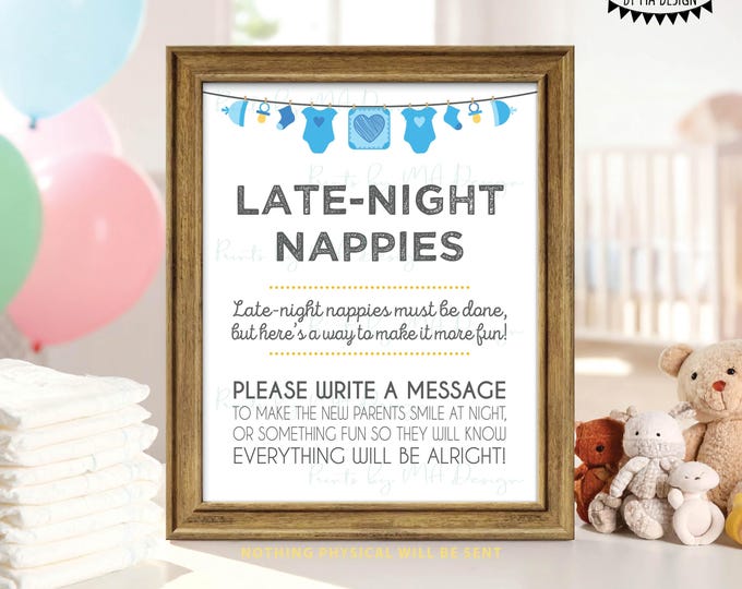 Late-Night Nappies Sign the Nappy Thoughts, Funny Baby Shower Activity, Game, It's a Boy, Blue/Gray PRINTABLE 8x10/16x20” Sign <ID>