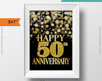 50th Anniversary Card, 50th Golden Fiftieth Anniversary Card, Happy Anniversary Sign, Black & Gold Glitter 5x7” PRINTABLE Instant Download