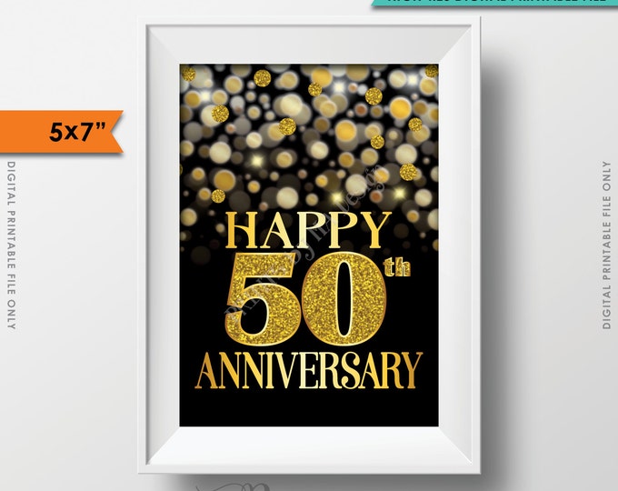 50th Anniversary Card, 50th Golden Fiftieth Anniversary Card, Happy Anniversary Sign, Black & Gold Glitter 5x7” PRINTABLE Instant Download