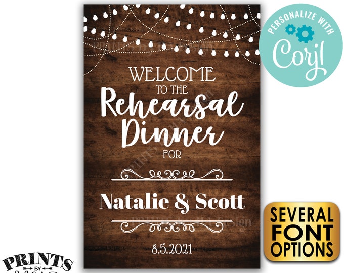 Welcome to the Rehearsal Dinner Sign, Custom PRINTABLE 24x36” Rustic Wood Style Rehearsal Decoration with Lights <Edit Yourself with Corjl>