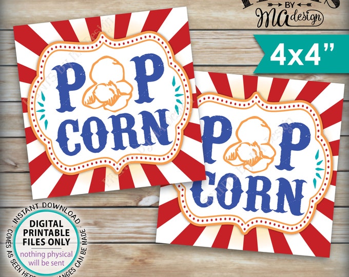 Popcorn Signs, Popcorn Favors, Popcorn Treat Bag Tags, Popcorn Carnival Cards, Circus Treat, Four 4x4" tags on PRINTABLE 8.5x11" Sheet <ID>