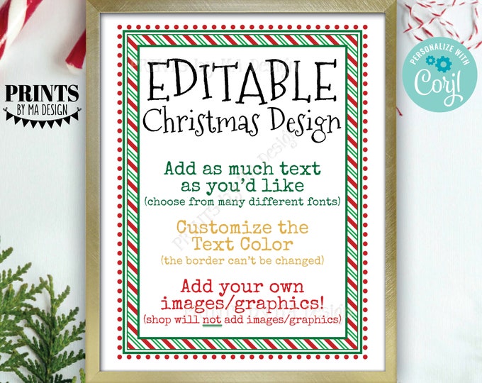 Editable Christmas Sign, Add Text/Graphics, Matches Elf Designs, One Custom PRINTABLE 8.5x11" Portrait Digital File <Edit Yourself w/Corjl>