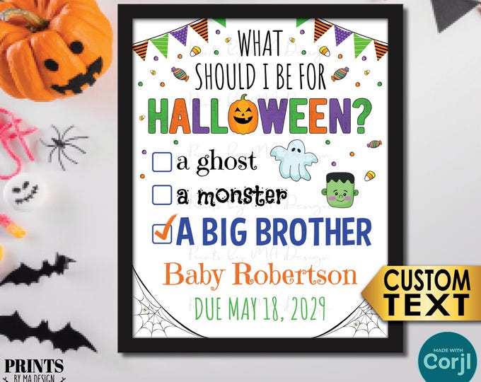 Baby #2 Announcement, Big Brother To Do List Checklist, PRINTABLE 8x10/16x20” Halloween Baby Number 2 Reveal Sign <Edit Yourself w/Corjl>