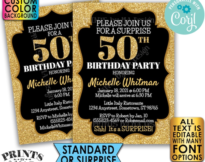 Gold Glitter Birthday Party Invitation, Surprise or Standard Invite, Custom PRINTABLE 5x7" Digital File <Edit Yourself with Corjl>