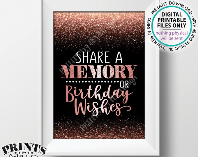 Share a Memory or Birthday Wishes Sign, Birthday Wish, Memories Sign, Birthday Party Decor, PRINTABLE Black & Rose Gold Glitter 5x7" Sign