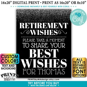 Pensioenfeest teken, laat alstublieft uw beste wensen achter voor de gepensioneerde, PRINTBARE 8x10/16x20" Silver Glitter Sign <Edit Yourself w/Corjl>