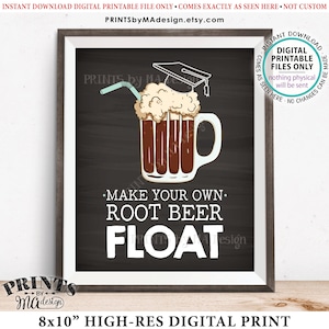 May include: A digital print featuring a root beer float illustration with a graduation cap. The image includes the text "Make Your Own Root Beer Float" and "8x10" High-Res Digital Print". The print is framed in a dark gray frame.