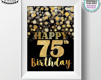 75th Birthday Card Black & Gold Glitter 75th B-day Golden Bokeh, Turning Seventy Five Birthday Card, PRINTABLE 5x7" Digital File <ID>