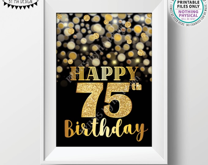 75th Birthday Card Black & Gold Glitter 75th B-day Golden Bokeh, Turning Seventy Five Birthday Card, PRINTABLE 5x7" Digital File <ID>