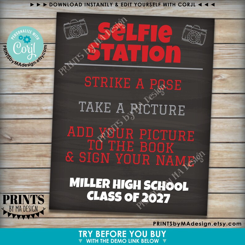 May include: Black and white chalkboard sign with red text that says "Selfie Station". The sign has instructions for taking a selfie: "Strike a Pose", "Take a Picture", "Add Your Picture to the Book", and "Sign Your Name". The sign also says "Miller High School Class of 2027".