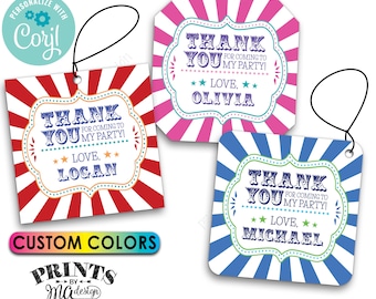 Carnival Birthday Thank You Tags, Carnival Themed Party, Circus, Custom 2" Cards, Digital PRINTABLE 8.5x11" File <Edit Yourself with Corjl>