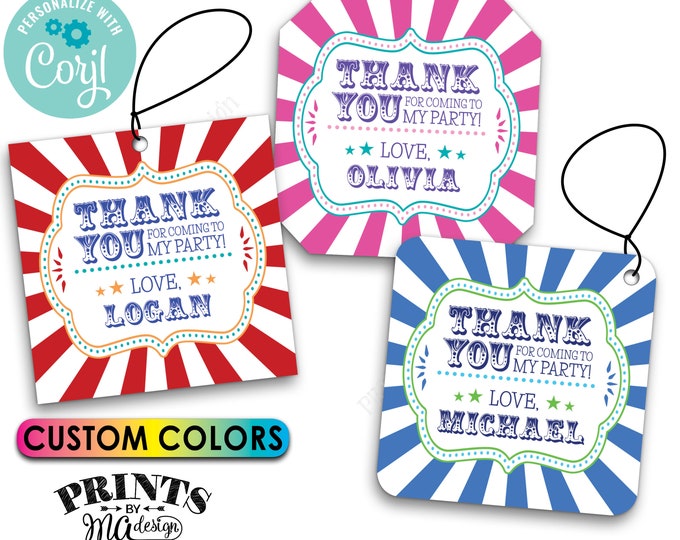 Carnival Birthday Thank You Tags, Carnival Themed Party, Circus, Custom 2" Cards, Digital PRINTABLE 8.5x11" File <Edit Yourself with Corjl>