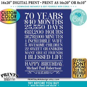 70 Jahre Geburtstagsgeschenk für einen Mann, 70 Jahre Geburtstag, individuell druckbares 8x10/16x20 Zoll Schild, farbiger Hintergrund