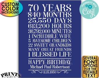 70th Birthday Gift for a Man, 70 Years Broken Down, Custom PRINTABLE 8x10/16x20” Sign, Color Background <Edit Yourself with Corjl>